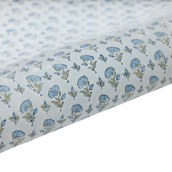 Wrapping Paper Sheet Hand Block Printed Ditsy Floral Blue Stone