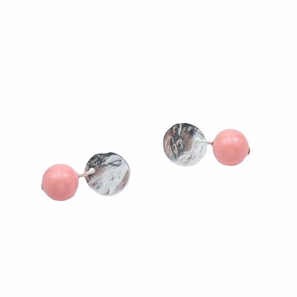Stud Earrings Silver Coin Charm Swarovski Coral Pink Bead