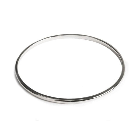 Solid silver bangle with a flat back and curved round edges to the front.