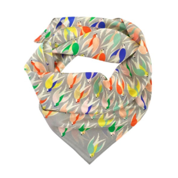 Silk scarf with multicoloured flying bird print