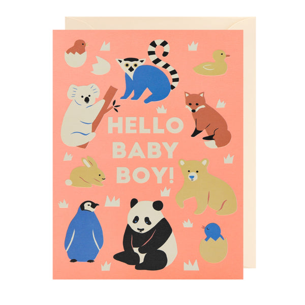 Hello Baby Boy card with cute animals set around the centre text.