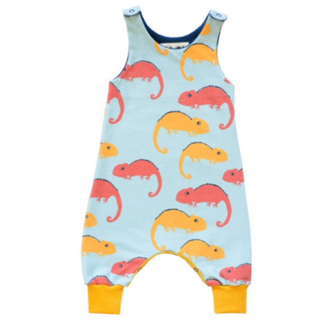 Organic cotton babygrow with red and yellow chameleon design on a blue background