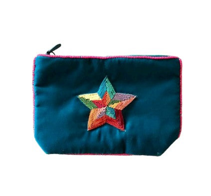 Purse Blue Velvet Embroidered Rainbow Star