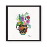 Giclée print featuring brightly coloured flowers and leaves in a highly patterned vase.