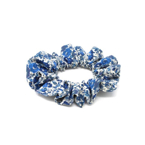 Blue floral print cotton hair scrunchie.