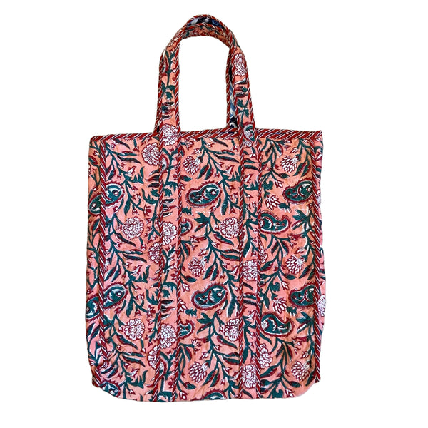 Tote Bag Cotton Kantha Quilted Reversable Block Print Coral Blue