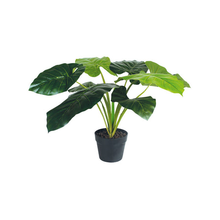 This faux taro green tropical plant has life like palm leaves and  with varying shades of green giving it a life like look.