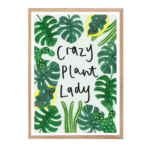 Print with the text 'crazy plant lady' surrounded by tropical leaves on a pale blue background.