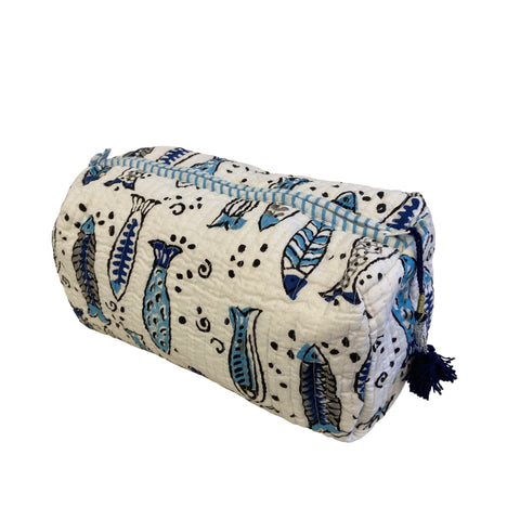 Cosmetic Bag Cotton Floral Block Print Blue Fish