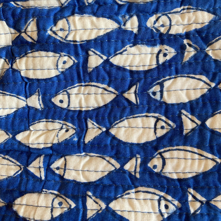 Cosmetic Bag Cotton Floral Block Print Blue Fish