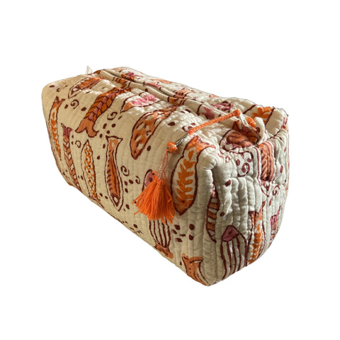 Cosmetic Bag Cotton Floral Block Print Coral Orange