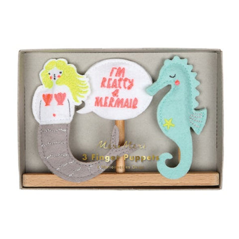Felt mermaid, seahorse, and speech bubble finger puppets, with wooden stand