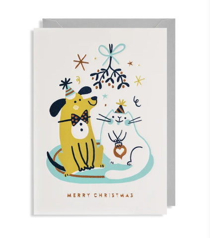 Christmas Card Cat And Dog Mistletoe