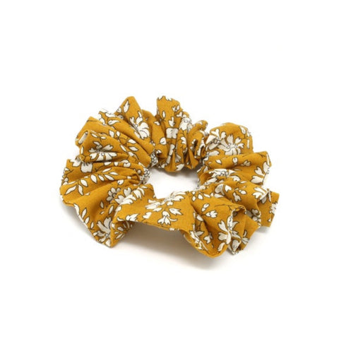 Mustard floral print cotton hair scrunchie.