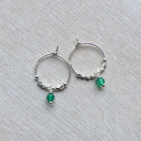 Hoop Earrings Petite Green Onyx Silver Beads Silver Wire