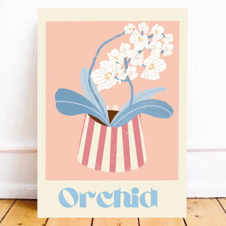 Flowers In Striped Vase Orchid A4 Print