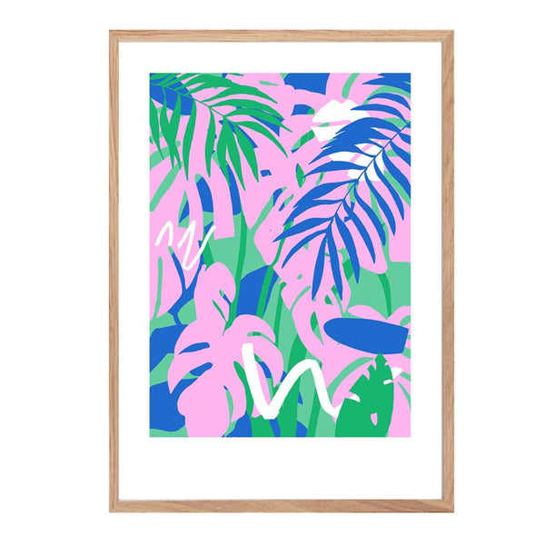 Brightly coloured leaves print in turquoise, pink blue and green