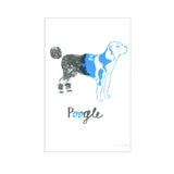 This hybrid hound screen printed tea towel features a dog that's half poodle in grey and half beagle in pale blue.