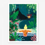 Print featuring a moon bathing lady in a pool surrounded by tropical plants looking out to the famous statue in Rio.