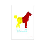 Why not add some art to your kitchen with this tea towel featuring a brightly coloured red and yellow pup that is half Schnauzer half Poodle.
