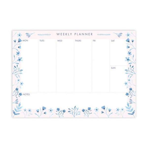 Weekly planner with pink and blue leaves and flower boarder design.