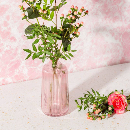 Pink Glass Vase Fluted Tall